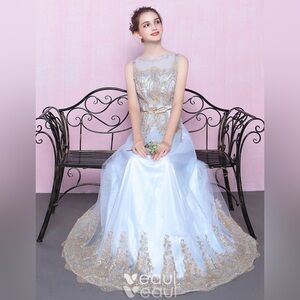 Elegant Long Evening Dress With Sequins Blue Tulle Dress With Sash